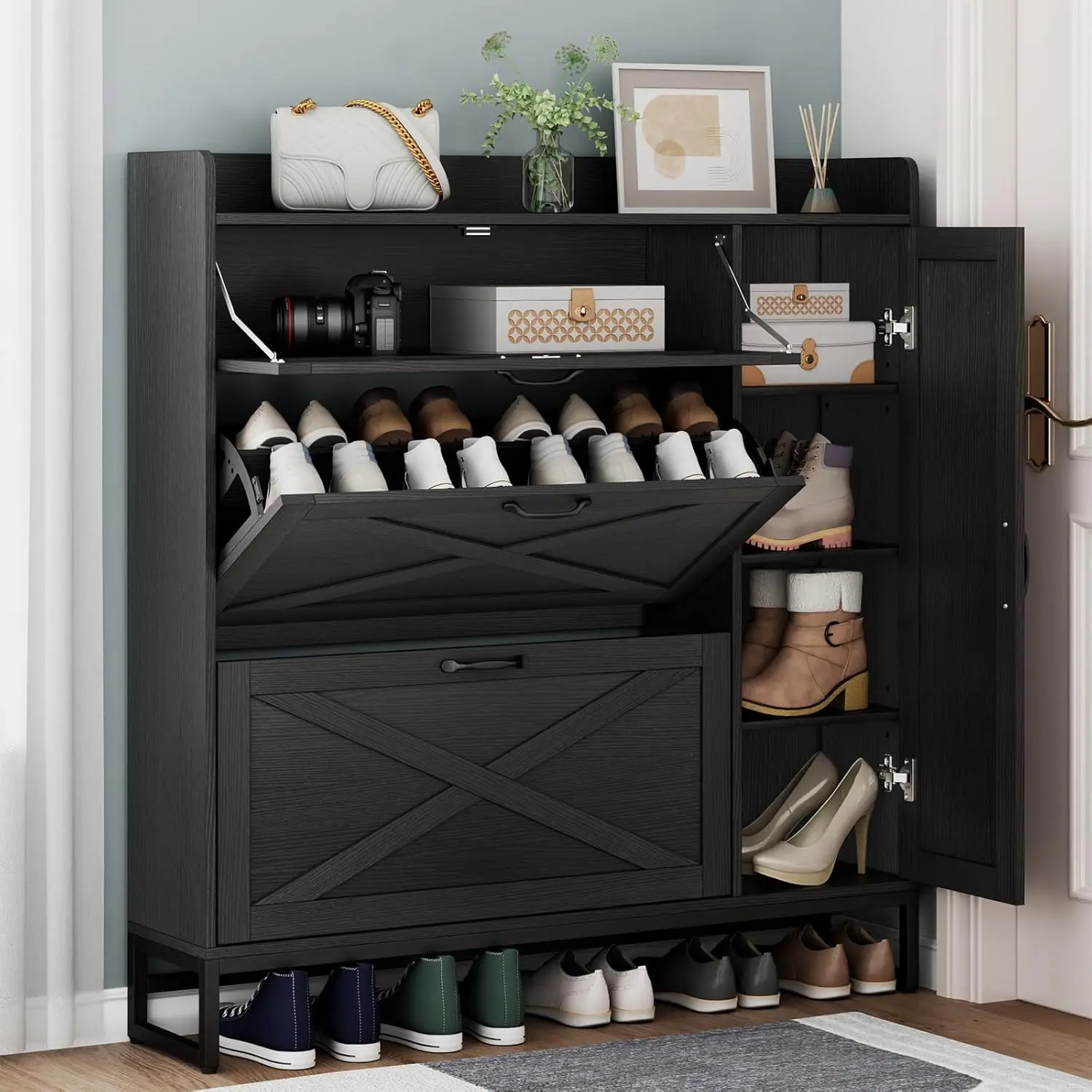 Auromie Free Standing Shoe Organizer with 2 Flip Drawers and Side Cabinet, Entryway Narrow Shoe Storage with Door for Hallway and Living Room (Black Plus)