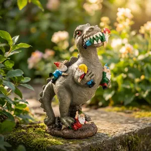 Dinosaur Eating Gnome Statue, Funny Resin Garden Decor, Humorous Outdoor Yard Ornament, Whimsical Lawn Sculpture Gift for Garden Lovers