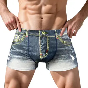 Men Boxer Underwear Imitation Jeans 3d Printed Boxer Briefs Mid-Rise Elastic Waistband Double-Sided Reinforcement Panties