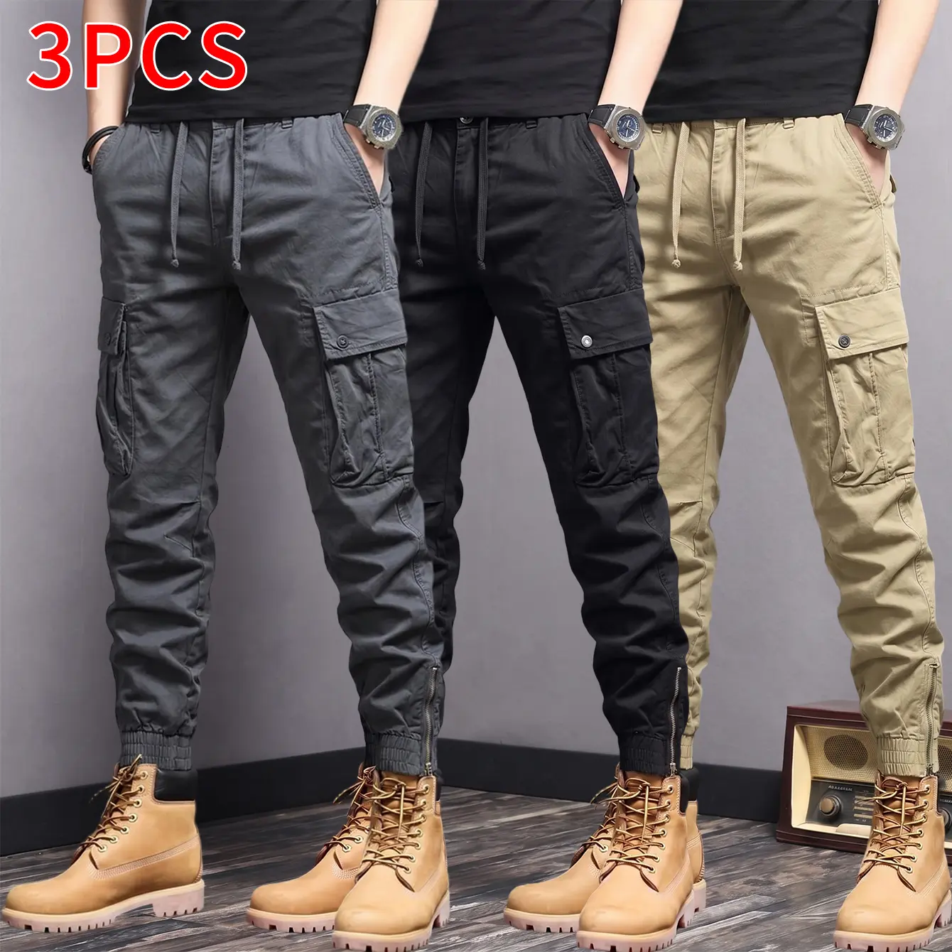 Functional cargo jogger pants with 3D pockets, three-piece set; zippered leg openings; men’s drawstring waist; versatile commuter long pants