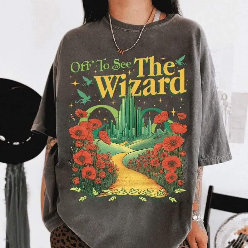 Wicked Off To See The Wizard T-Shirt, Vintage Wizard Of Oz Graphic Tee, Classic Emerald City and Yellow Brick Road Shirt, Retro Fantasy Musical Fan Top, Nostalgic Red Slipper Witch Design Tee, Timeless Theater Inspired Shirt