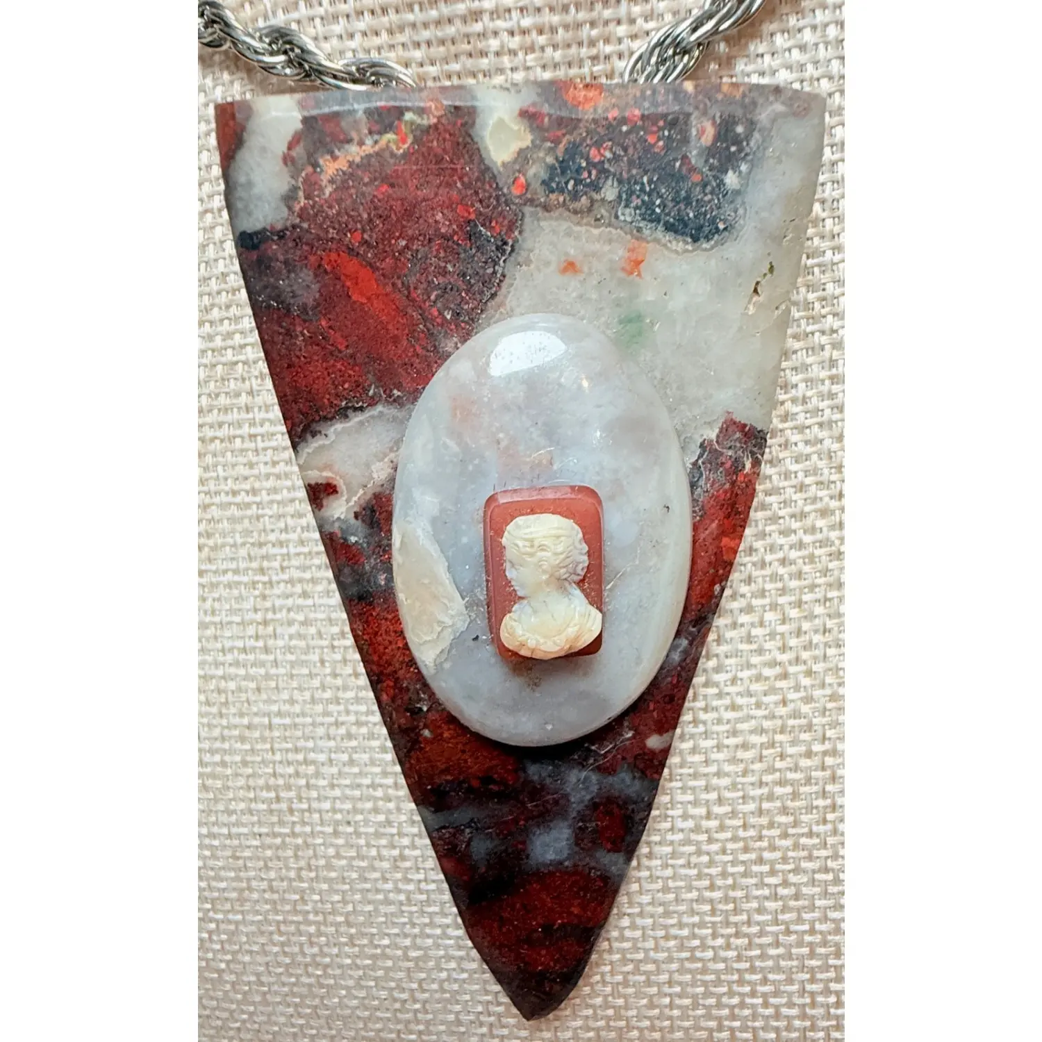 Classic Handcarved Triangle-Cut Shell & Stone Antique Vintage Cameo Statement Jade Necklace