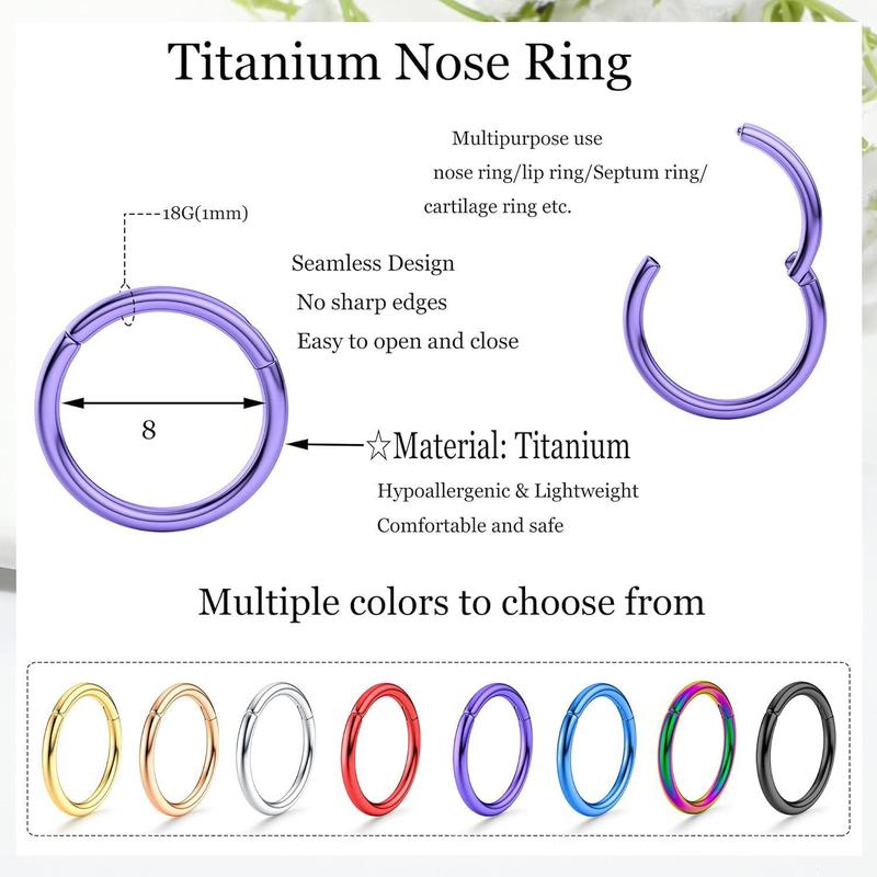 FINREZIO 8 Pcs 16G 18G G23 Titanium Nose Rings Hoop for Women Men Multi-Color Hinged Cartilage Lip Septum Rings Helix Conch Tragus Piercing Jewelry 8MM 10MM Daily