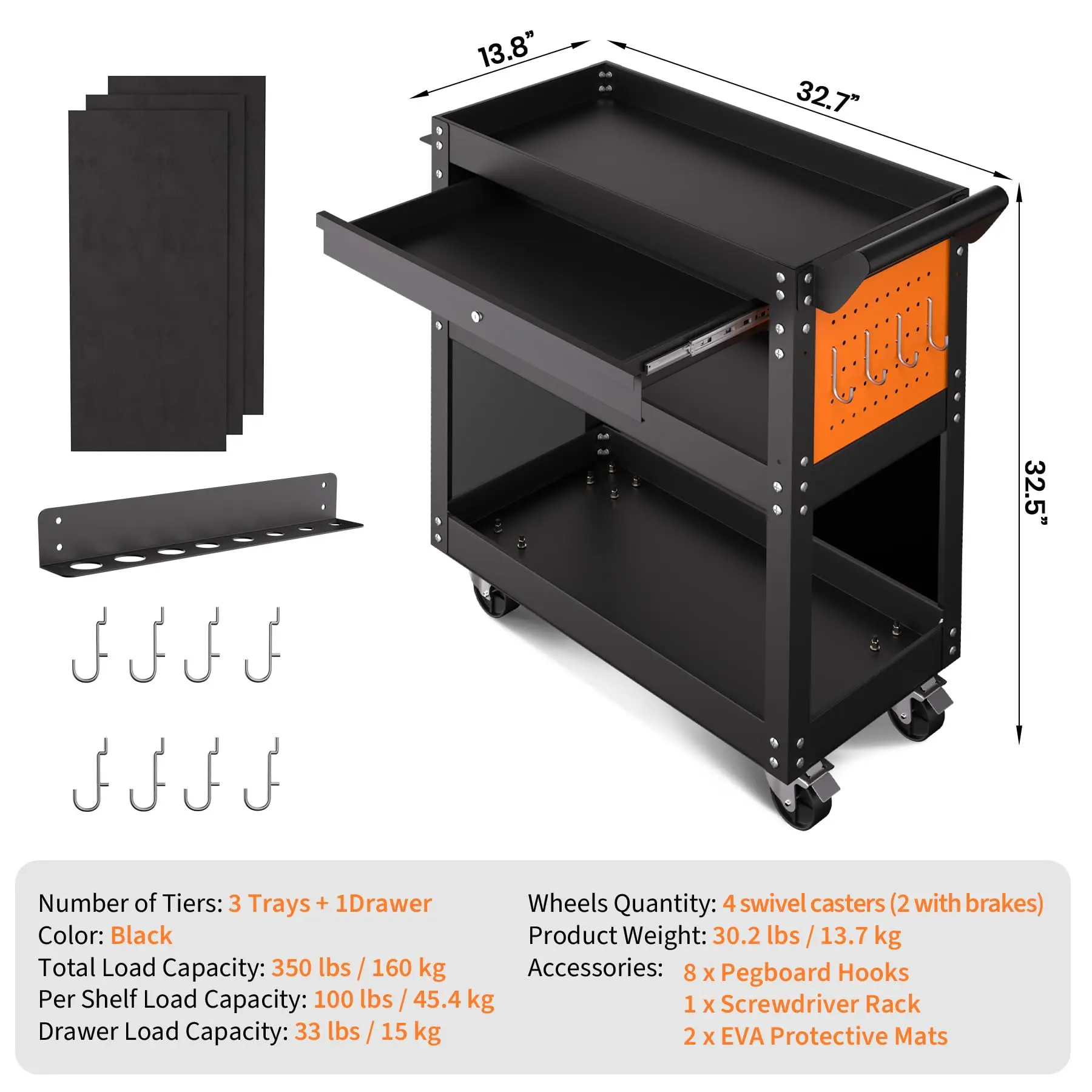 Heavy Duty 4-Tier Metal Rolling Tool Cart with Lockable Drawer - 350 lb Capacity - Deep Shelves & 360° Swivel Wheels - Garage, Workshop Utility Storage Organizer, Cabinet, Rack
