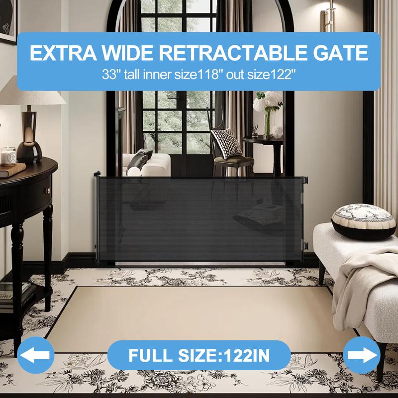 Retractable  pet Gate,Mesh Baby Gate or Mesh Dog Gate,33" Tall,Extends up to 55" 71"118"168"197"Wide,Child Safety Gate for Doorways, Stairs, Hallways, Indoor/Outdoor