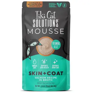 Tiki Cat Solutions Mousse Skin & Coat Mousse, Salmon Recipe, Specially Formulated with Omega Fatty Acids, Functional Wet Cat Food for Adult Cats, 2.4 oz. Pouch (12 Count)