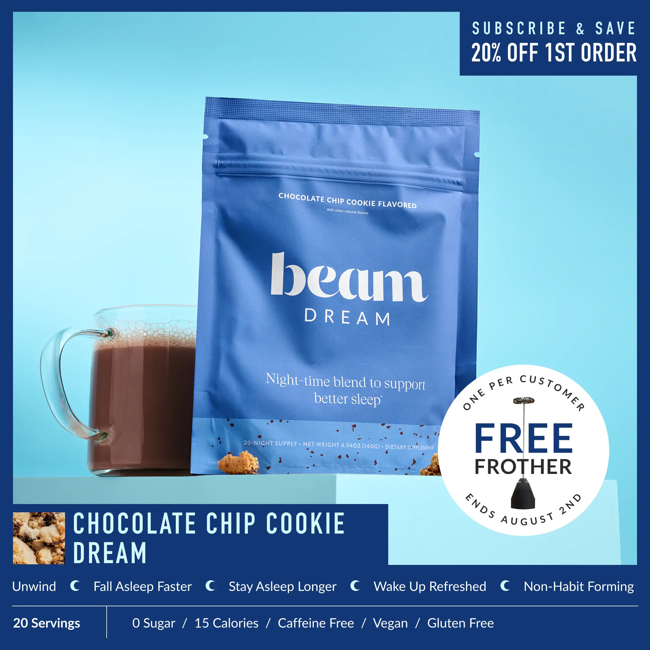 Beam Dream Clean Low Calorie Sugar Free Nighttime Dietary Hot Cocoa Milk Powder Supplement - 20 Servings, Chocolate Chip Cookie Chocolate Flavor, Sleep Support, Melatonin, L-Theanine, Magnesium, Self Care Products |Summer Sale