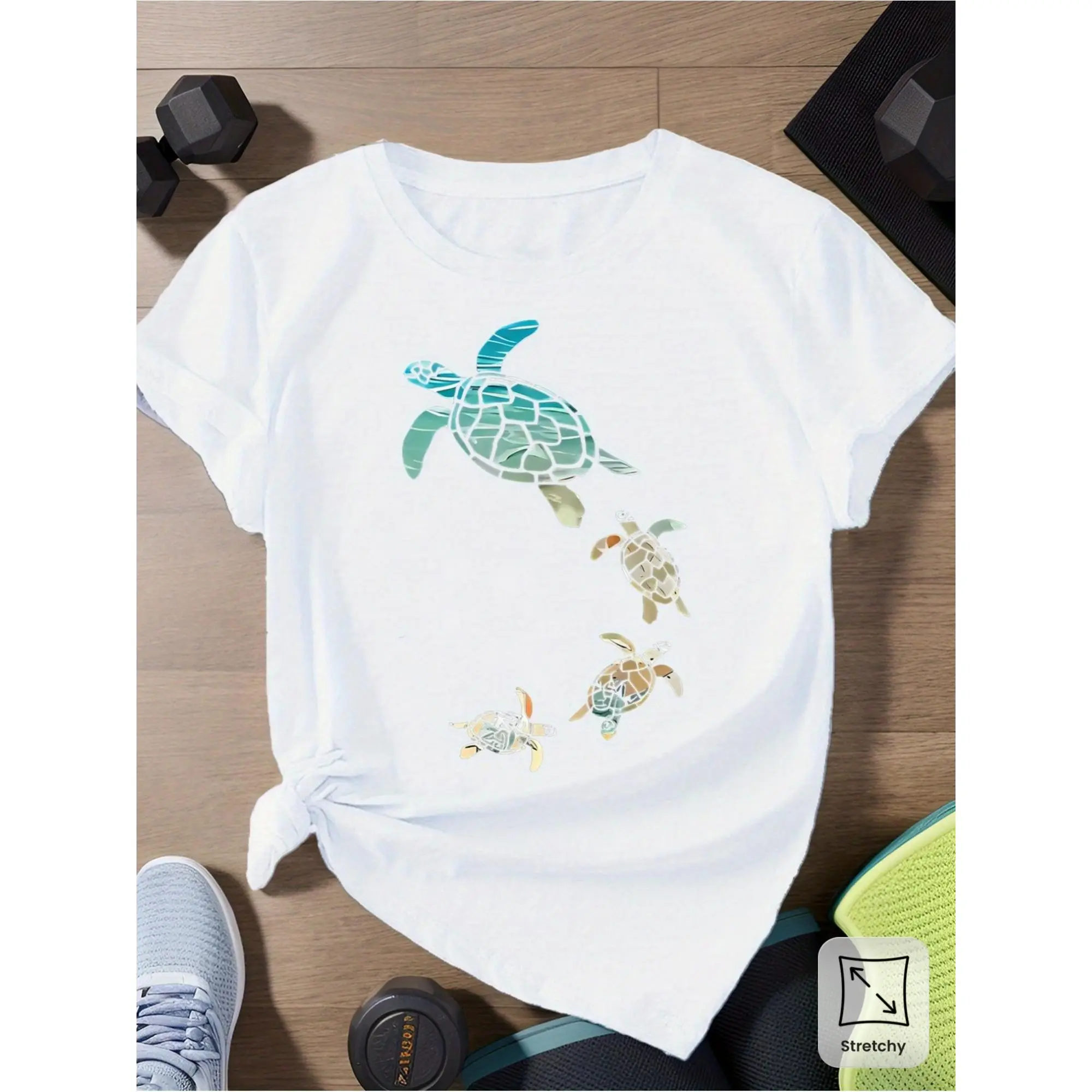 Women'S Turtle Knot T-Shirt |   Blue, Green, Brown Three-Color Turtle Pattern, Cute Casual Top, Suitable For Summer Outings, Fitness, Or Beach Time, Crew Neck, SHORT SLEEVE, Slight Stretch Fabric