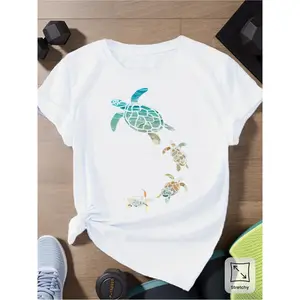 Women'S Turtle Knot T-Shirt |   Blue, Green, Brown Three-Color Turtle Pattern, Cute Casual Top, Suitable For Summer Outings, Fitness, Or Beach Time, Crew Neck, SHORT SLEEVE, Slight Stretch Fabric