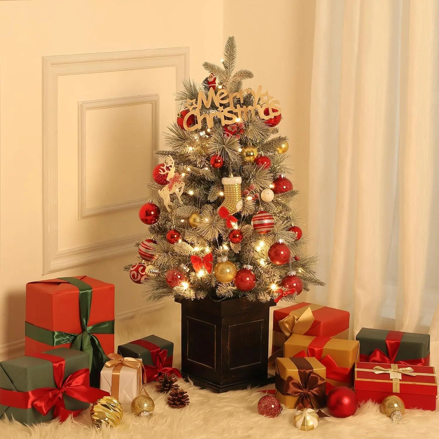 3 FT Pre-Lit Christmas Tree Tabletop With 78 Warm White Lights, Artificial With Berry Clusters, Battery Operated, Flocked Potted for Front Door, Porch