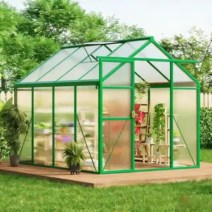 Walk-In Polycarbonate Greenhouse for Outdoors with Heavy Duty Aluminum Frame, Lockable Sliding Door, Adjustable Roof Vent and Gutter System, UV Resistant 6x8 FT Garden House for Green or Silver Options Easy Assembly