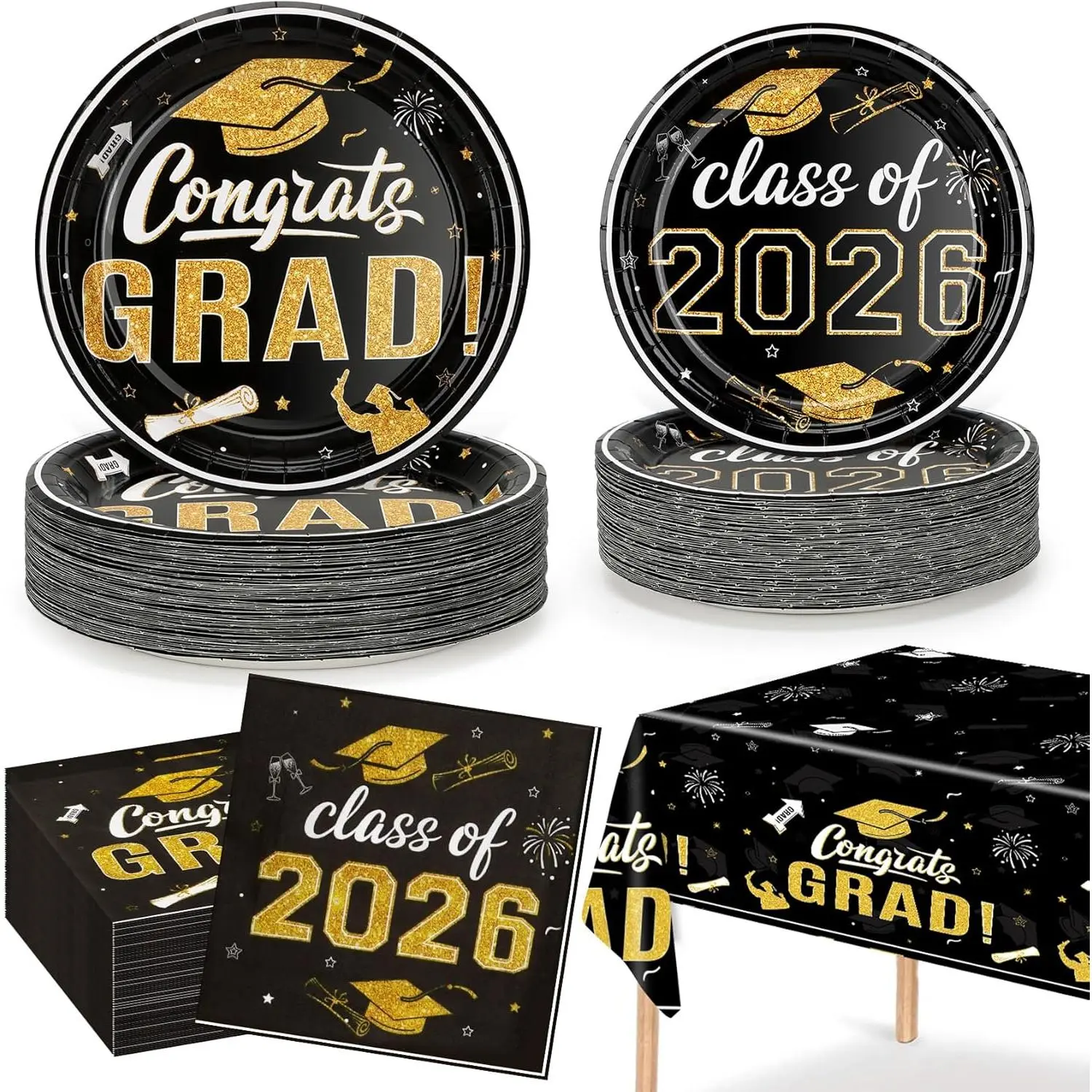 152Pcs Class of 2026 Graduation Party Supplies, 9’’ and 7’’ Black Graduation Plates and Napkins 2026 with Tablecloths, Disposable 2026 Tableware Set for 50 Guests, Graduation Party Decorations2026