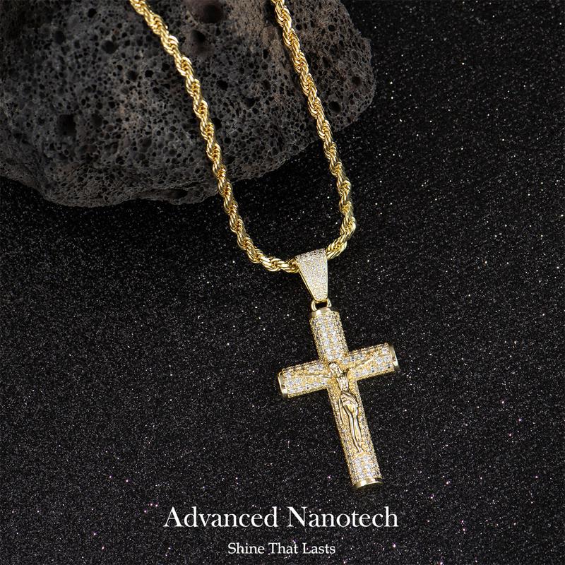 Holylegend 14K Real Gold-Plated Cross Necklace for Men, Advanced Nanotech Tarnish-Free Rope Miami Cuban Figaro Chains with Jesus Crucifix Pendant, 24” Long , Christian Religious Jewelry Gift