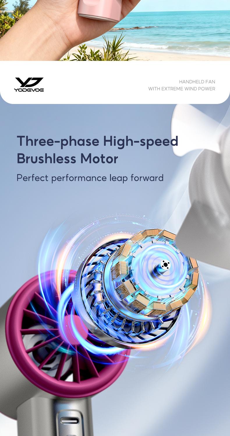 YodevoeThis portable handheld turbine fan features 100 speed settings, a built-in 4000mAh battery, and a runtime of up to 18 hours. This 3-in-1 rechargeable handheld fan utilizes turbine cooling technology and is suitable for outdoor activities.