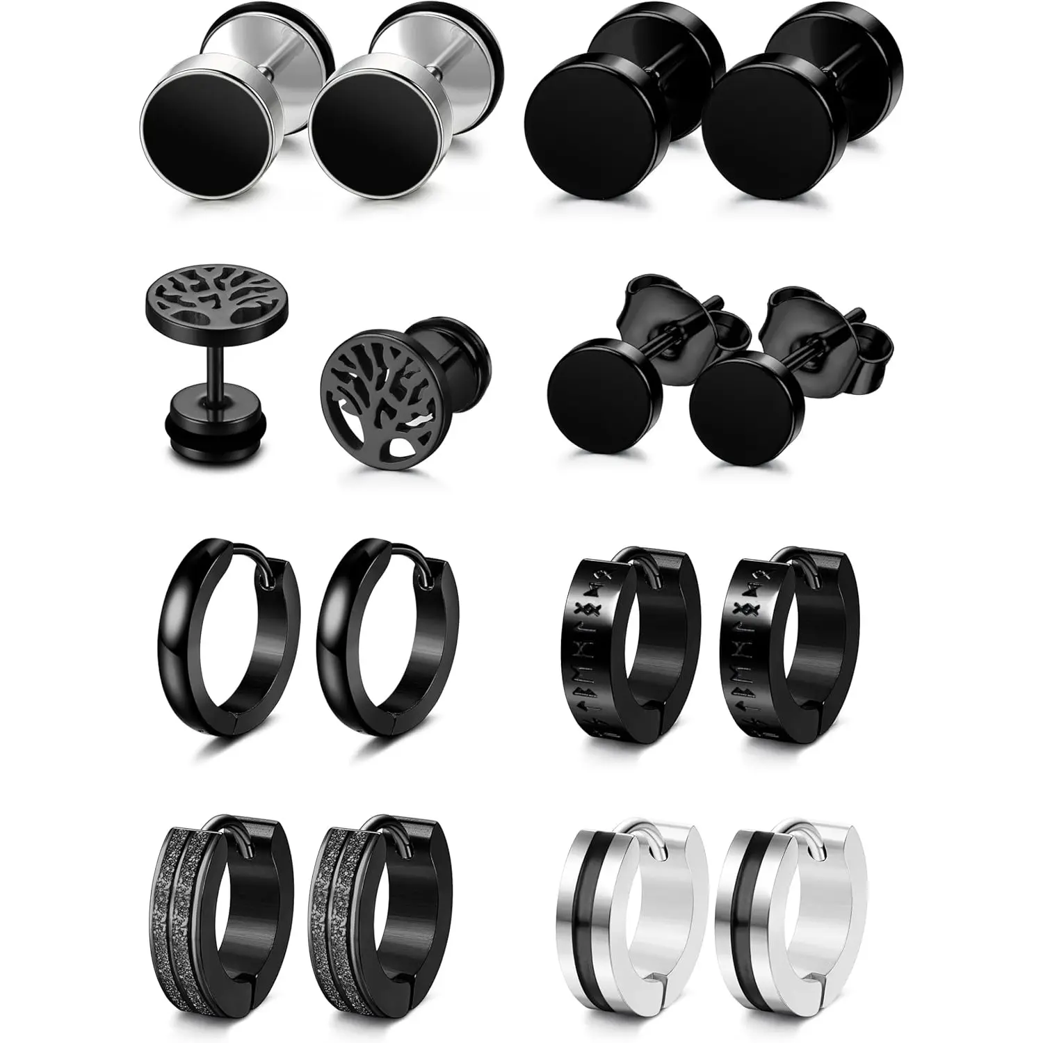 8-Pair Unisex Earrings Set in Hypoallergenic Stainless Steel, Classic Black Hoops and Ear Studs, Nickel-Free Jewelry for Everyday Wear, Earrings Jewelry, 8 Pairs, Multiple Pairs