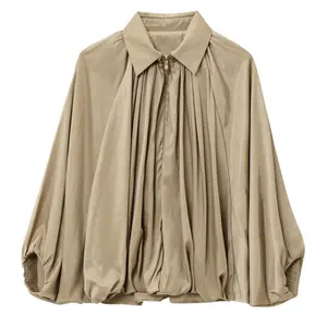Womens Puffed Bomber Jacket Casual Batwing Sleeve Lapel Collar Zip Shirts Oversized Pleated Streetwear Jackets