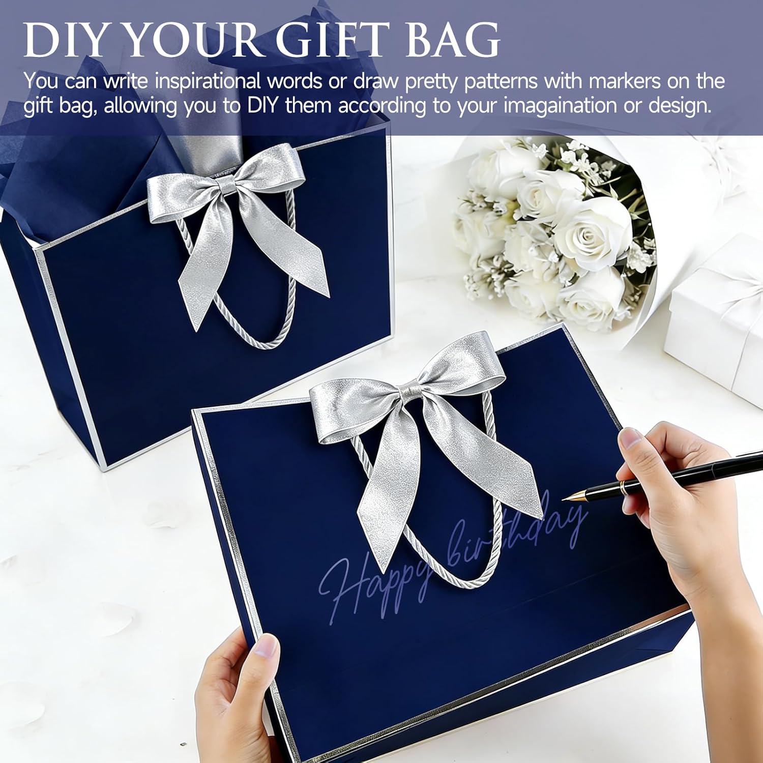Fancy Large Gift Bags with Handles, 2 Pack 12.6x10x4 Inches - Includes Tissue Paper & Cards for Birthday, Valentine's Day, Baby Shower, Wedding, Anniversary & Holiday Gifts (Blue and Silver)
