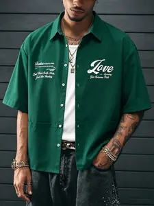 Men's Loose Short Sleeve Button-Up Shirt, Love Letter Print Casual Streetwear Top, Vintage Workwear Style, Fashionable Fitted Design, Classic