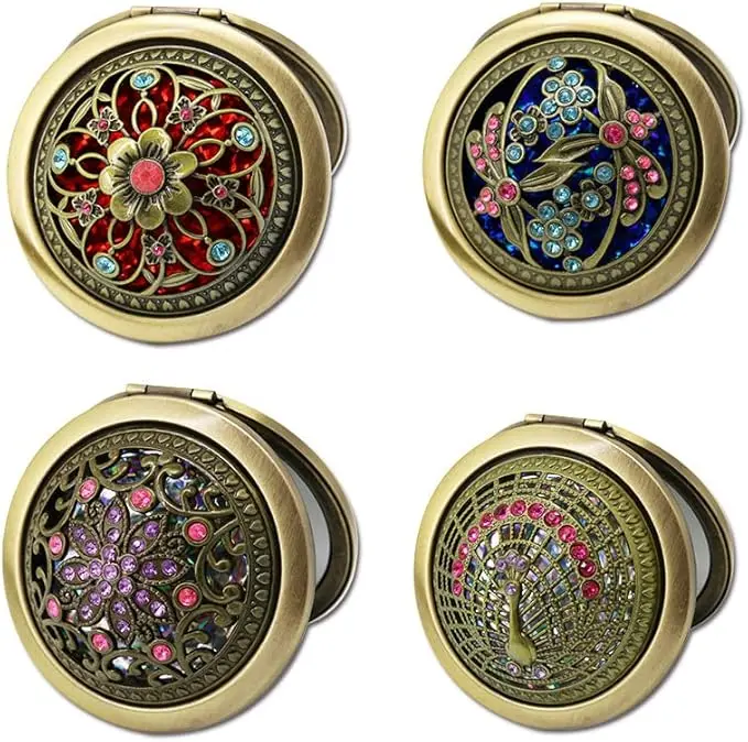 Bronze 4 Pcs Vintage Foldable Mirror Metal Vanity Travel Makeup Pocket Double Sided Cosmetic Compact