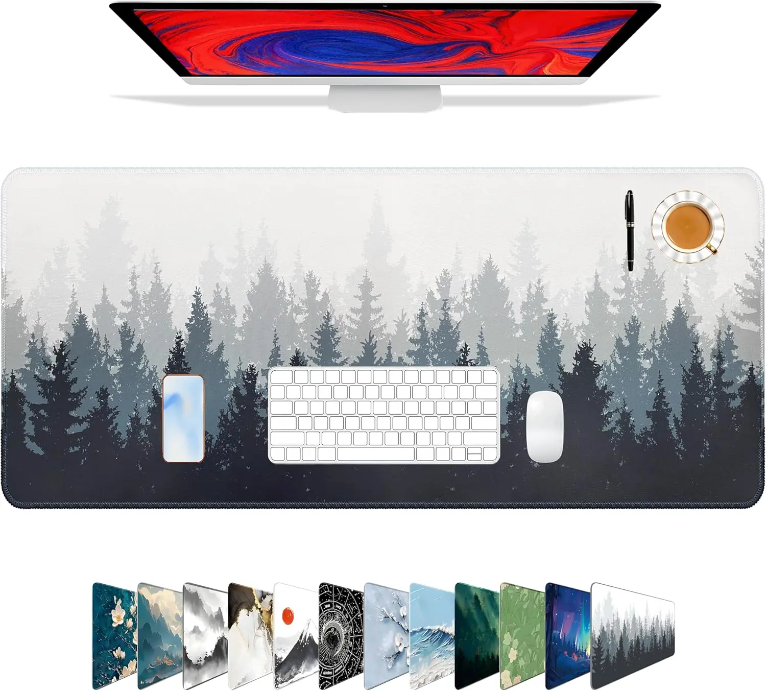 Mouse Pad For Gaming,Forest Background Pattern XXL XL Large Mouse Mat Long Extended MousePad Desk Mat Non-Slip Rubber Mice Pads Stitched Edges Thin (31.5 x 11.8 x 0.12 Inches) Tree