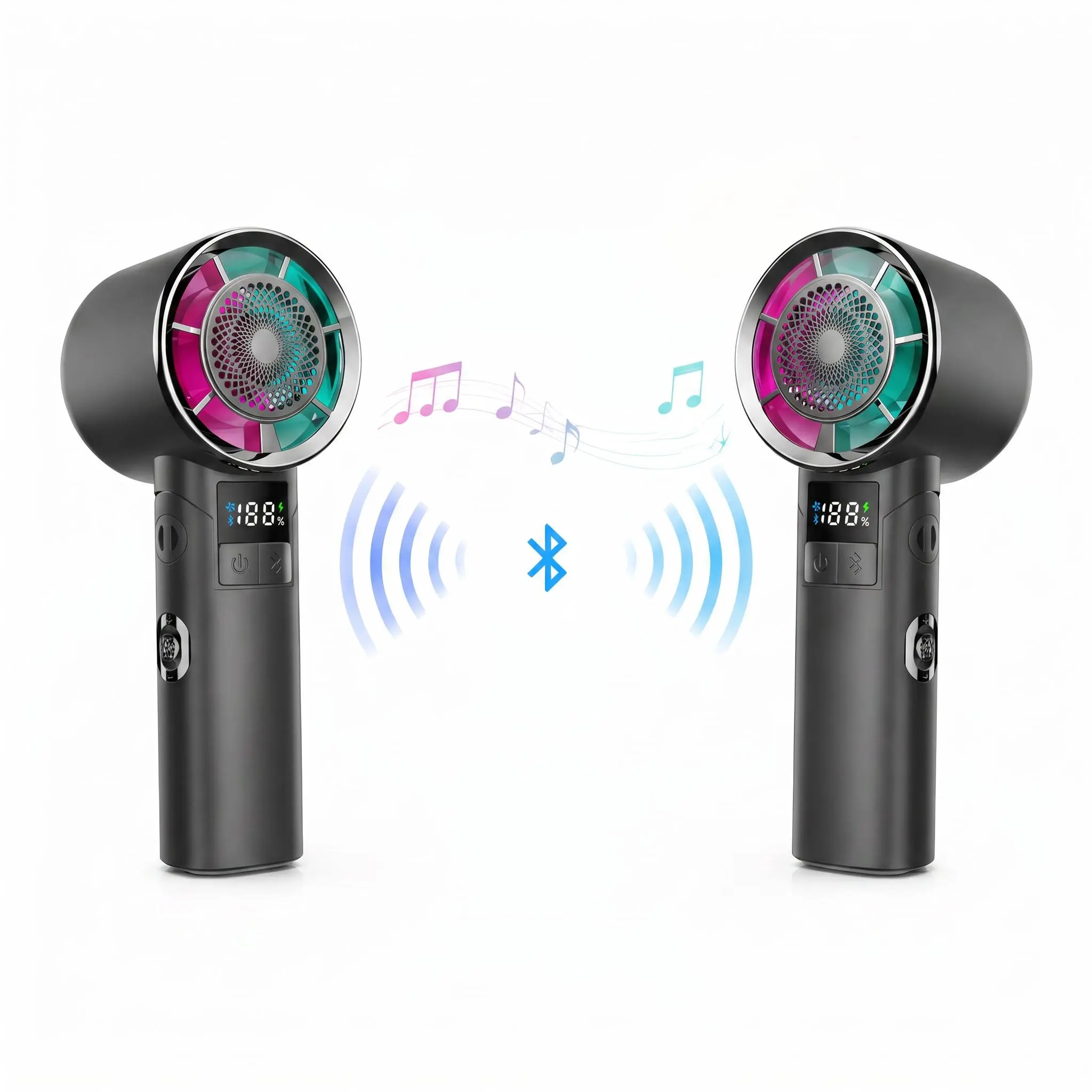 Cordless 2-in-1 Compact Pocket-Size Cool Handheld Fan-Speaker with RGB Lights, 100 Speeds, 6000mAh Battery, Smart Display, USB-C Fast Charging, Casual Modern Unisex Mini Tech Fan for Outdoor Camping, Gym (Fan&Music Functionality)