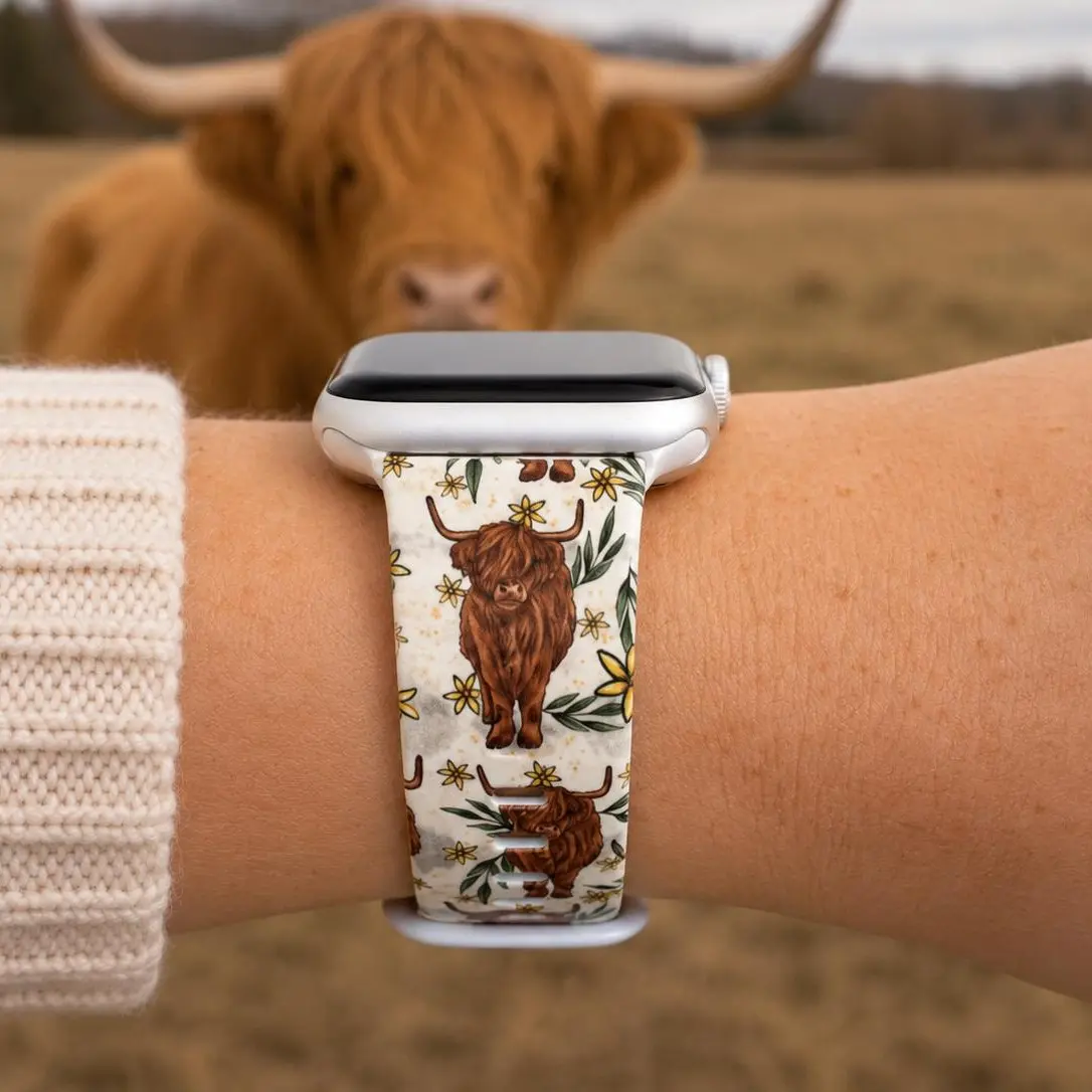 Rustic Highland Cow Watch Band | Farmhouse Floral Western Design | Compatible with Apple & Samsung Watches