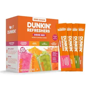 HOT SUMMER!! Dunkin Refreshers Singles To Go! Powdered drink mix packets, 40 Ct Variety Pack, 40 Single serve Packets per Box (40 servings), Energy from Green Tea, aspartame-free, no synthetic colors, naturally and artificially flavored, just add water
