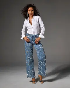 Floral Sequin Wide Leg Jean Medium Wash/Silver