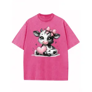 Holafish A COW HOLDING A HEART Women's  High-quality Cotton Vintage Trendy Brand T-shirt ,Short Sleeved Round Neck T-shirt,Acid Wash Summer Basic Tees vintage  shirts Casual Oversized Fitness Top Womenswear Fabric Garments