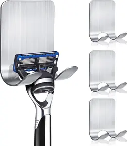 4 Pack Stainless Steel Razor Holder Hooks, Waterproof Self-Adhesive Shaver Holder Hanger Hooks for Bathroom Kitchen to Organize Loofah Robe Towel