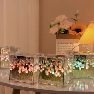 Infinity Mirror Tulip Flower Design Lamp - DIY LED Projector (10/16/30 Flowers, 10x10x10 cm) RGB LED Mood Decorative Night Light for Bedroom, Home Party Supplies, Gift Item, Led Rgb Lights