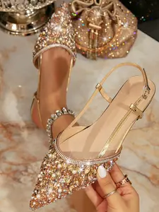 Women's Pointed Toe Slip-On Rhinestone Ballet Flats, Elegant Mules, Soft Rubber Sole, Perfect for Weddings & Vacations