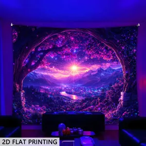 2d Flat - 2d Flat - A Tapestry Featuring A 2d Flat Design That Glows Under Blacklight, Showcasing A Neon Urban Landscape. Perfect for Decorating Bedrooms, Living Rooms, and Offices. Ideal for Game Rooms, Festive Occasions, and College Dorms