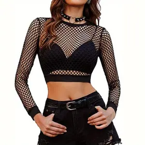 Women's round neck fishnet see-through top, sexy fishnet base layer, see-through crop top