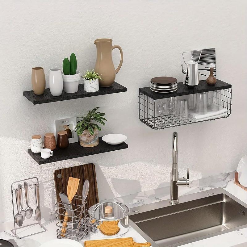 Minimalist Wooden Floating Shelf Set with Baskets, Stylish Wall Storage for Organizing Bedroom Living Room Kitchen, Wall Organizer Shelf, Eco-friendly Wooden Materials, Wall Shelf Unit