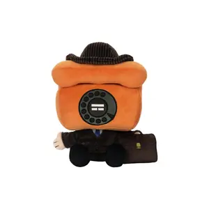 Cute Vintage Rotary‑Phone Gentleman Plush Toy, Retro Orange Telephone‑Head Stuffed Doll with Suit‑Hat‑Briefcase, Kawaii Novelty Character Plush