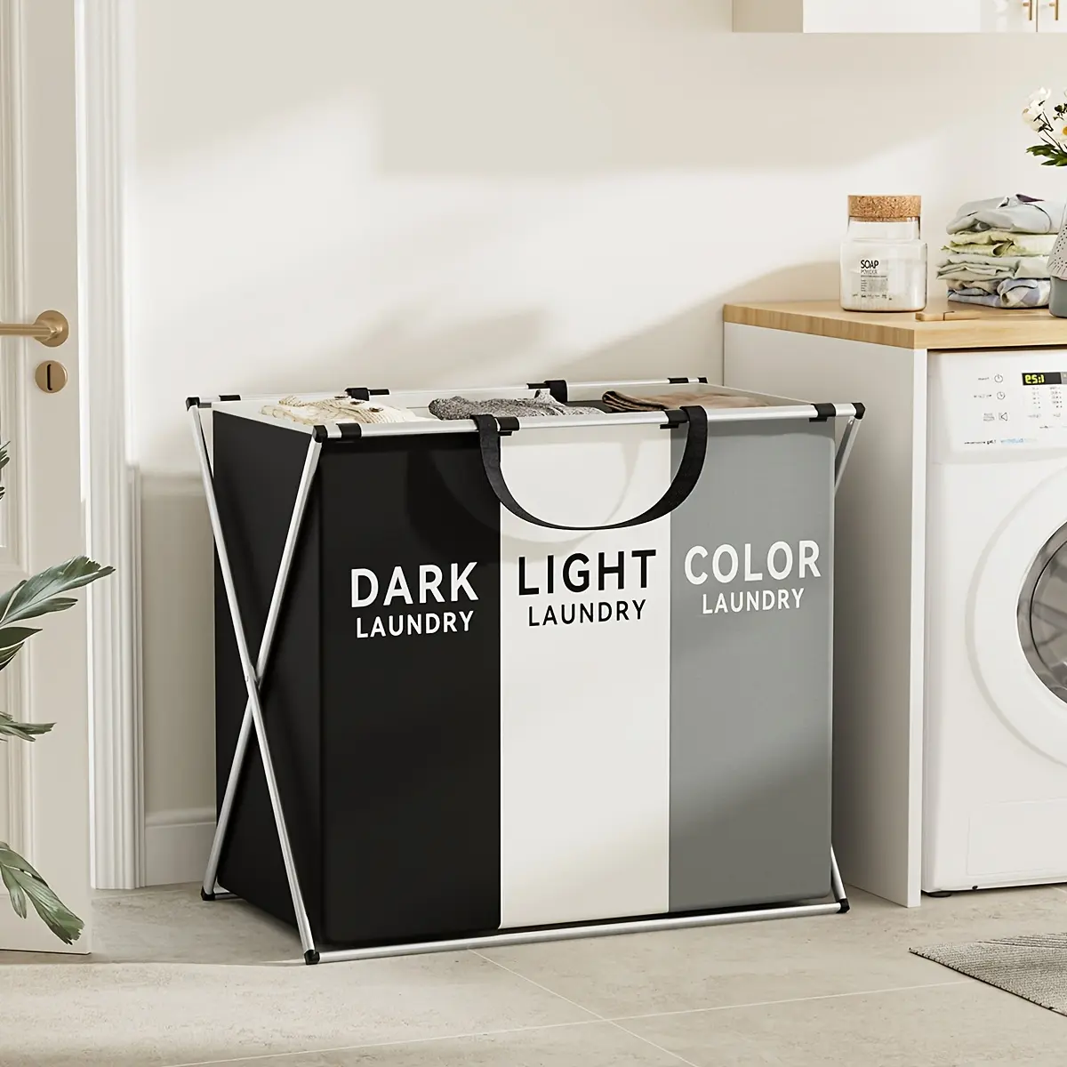 3-Grid Oxford Cloth Laundry Basket, Durable Wear-Resistant Sturdy Home Organizer for Family Dormitory Use, Separates Dark & Light Clothes for Easy Storage & Sorting