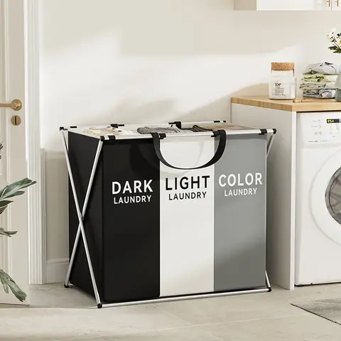 3-Grid Oxford Cloth Laundry Basket, Durable Wear-Resistant Sturdy Home Organizer for Family Dormitory Use, Separates Dark & Light Clothes for Easy Storage & Sorting