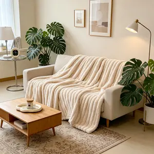 Luxurious Double-Sided Faux Rabbit Fur Throw Blanket - Cozy Striped Flannel, Soft And Warm for Naps, Office, Camping, Sofa - Versatile Polyester Bed Cover, Perfect Gift