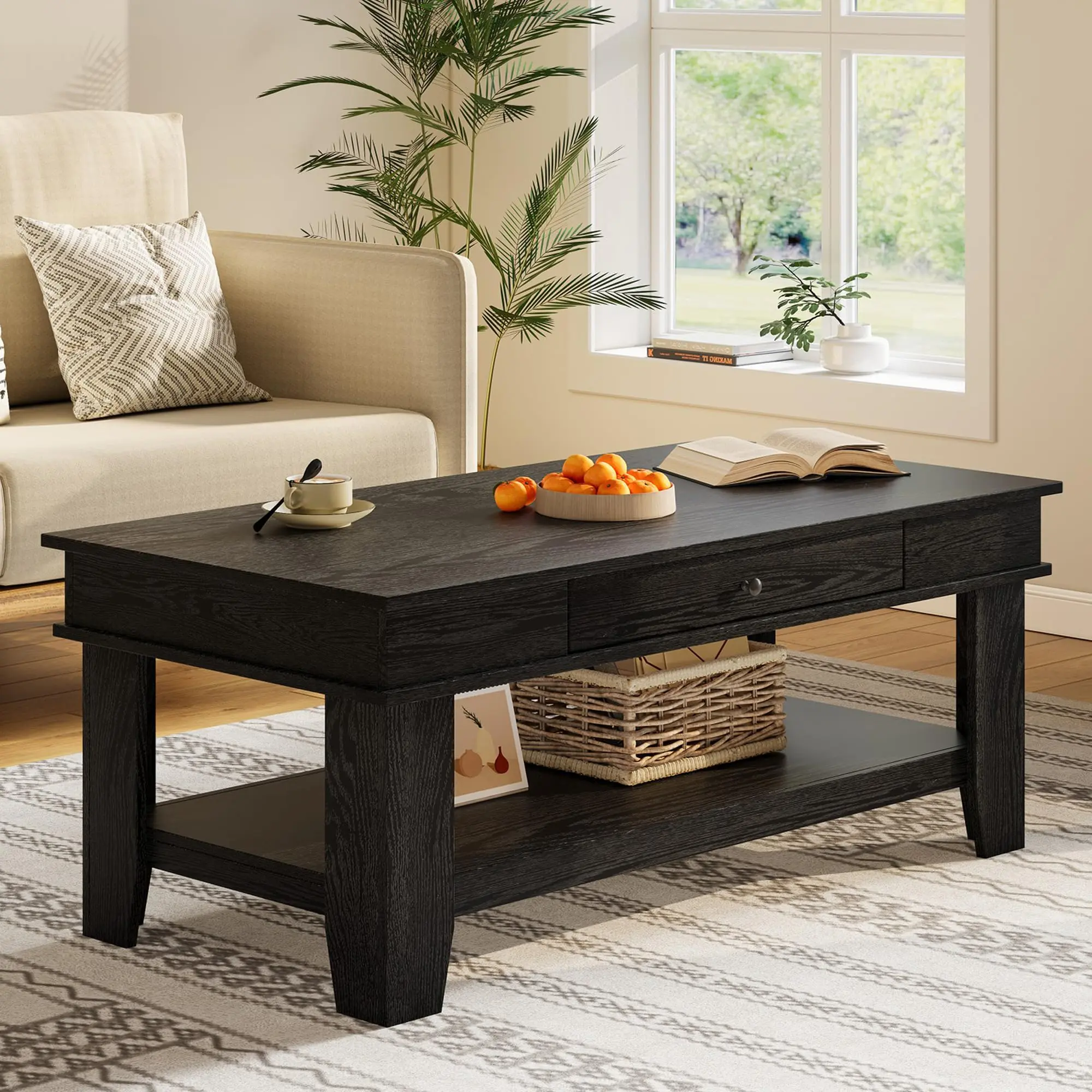 Rectangular Coffee Table with Drawer & Open Shelf – Rustic Walnut Center Table for Living Room, Sturdy Four-Leg, Heavy Duty Storage, Easy-to-Clean Surface, Modern Farmhouse Style