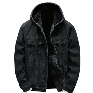 Mens Fleece Lined Denim Hoodie Jacket - Winter Warm Cowboy Jean Jacket, Casual Button Down Style, Thicken Trucker Coats - Sweatshirts, Menswear Tops Long Sleeve Beige Tights Plain leather jacket business casual tops Blue western outfit lentes para hombre