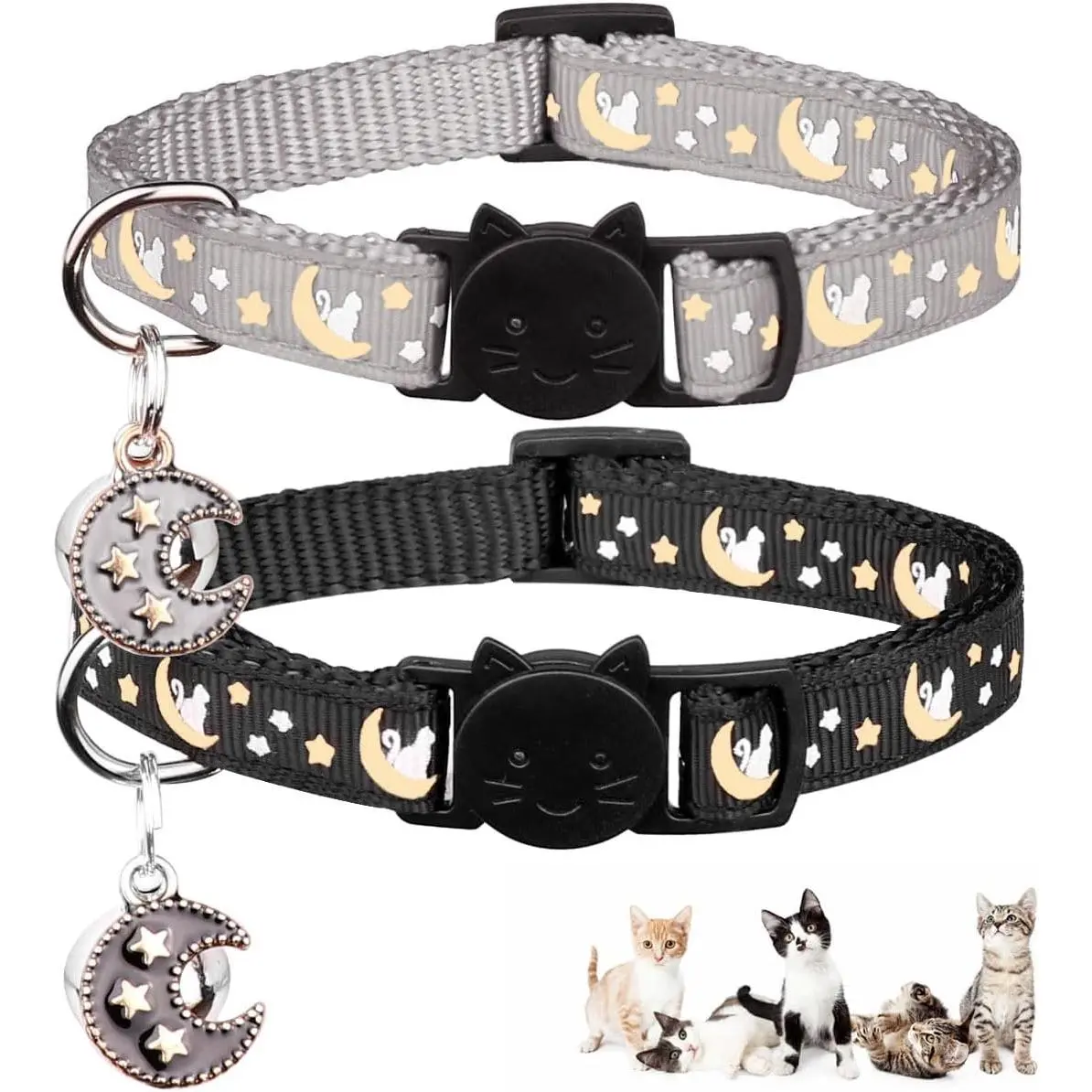 2Pcs Breakaway Cat Collars for Boy & Girl Cats Adjustable Kitten Collars with Bell, Black+Gray
