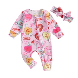 Newborn Baby Girl Valentines Day Outfit Heart Long Sleeve Romper Zipper Bodysuit Jumpsuit with Headband