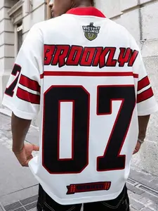 Men's Letter & Number Print V Neck Short Sleeve T-shirt, Regular Fit Casual Comfy Sports Jersey for Summer, Fashion Men's Top for Daily Wear, Stylish Jersey