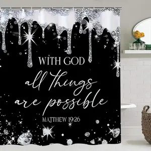 Religious Inspirational Shower Curtain Set, Bathroom Accessory, Bathroom Decoration Accessories, with God All Things Are Possible, Includes 12 Plastic Hooks, Non-Slip Mat, Toilet Lid Cover