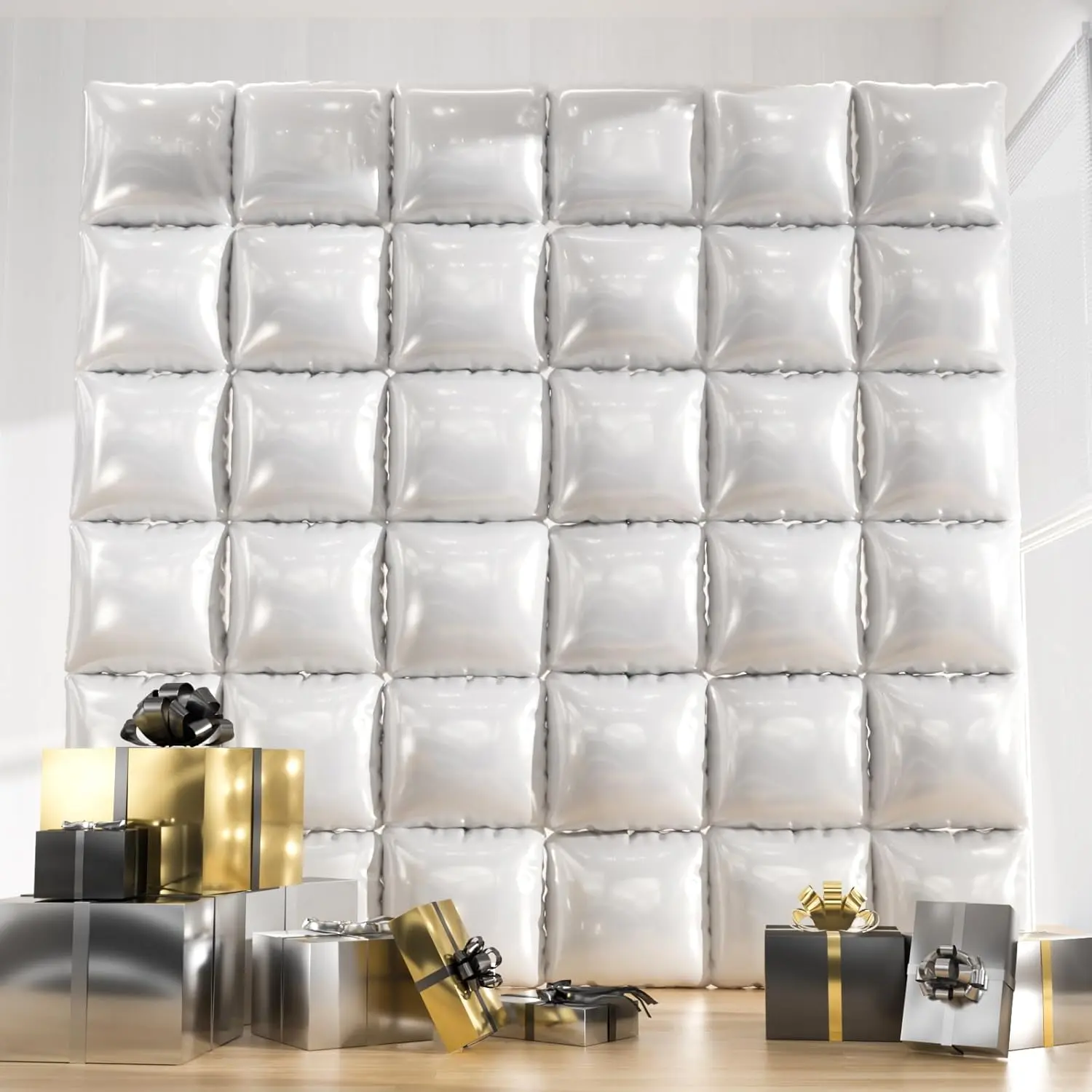 36pcs Thick Metallic Foil Pearl White Square Balloon Decor Kit - 9.5ft Floatable Arch Backdrop Wall/Tunnel, Straws & Ribbon Included, Floats Long for Birthday, Wedding, 2026 Graduations Photo Booth, Foil Balloons