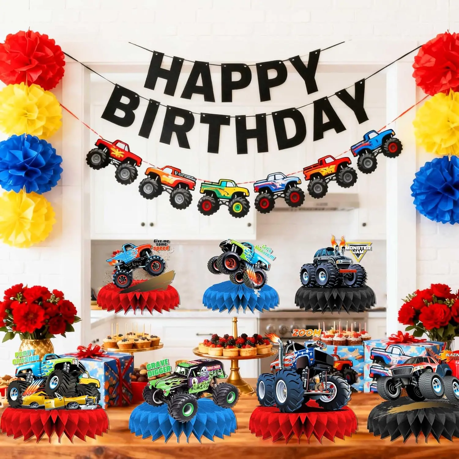 Monster Truck Birthday Decorations Monster Truck Centerpieces for Table Decorations Racing Car Birthday Party Supplies Trucks Honeycomb Centerpieces Baby Shower Decor Goodie Bag Filler