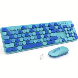 New Wireless Keyboard and Mouse, Silent Keyboard Mouse Combo, Full-Sized Colorful Typewriter Keyboard with Round Keycaps, 2.4G Cute Mouse Compatible with PC/Laptop/Compute