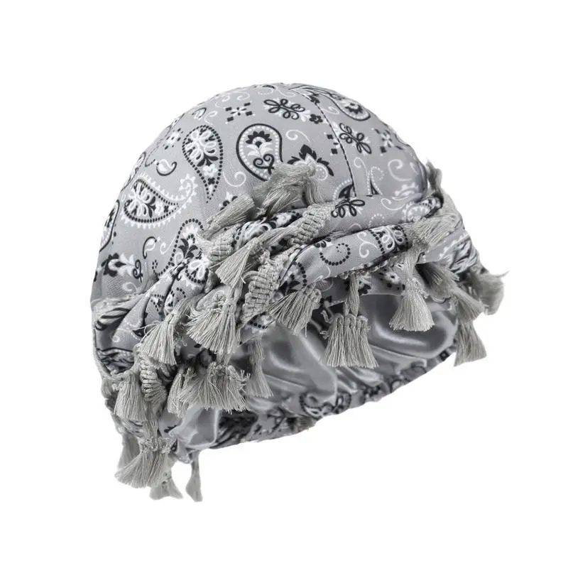 Breathable stretch unisex paisley print turban hat with arabic fashion stretch hood and tassel detail Breathable stretch unisex paisley print turban hat with arabic fashion stretch hood and tassel detail