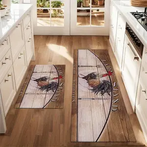 2Pcs Rooster and Knife Fork Floor Mat Set Wood Grain Background Abstract Art Sketched Printed Carpet Farmhouse Anti Fatigue Kitchen Carpet Anti Slip Washable Kitchen Restaurant Floor Sink Laundry Room Decoration Carpet Mat Farmhouse Kitchen Rugs